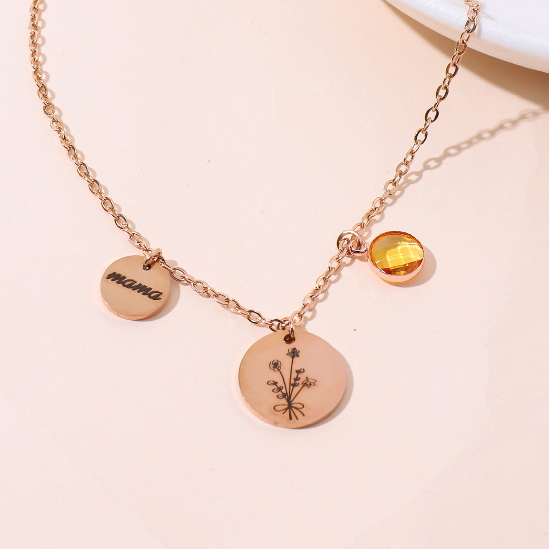 Collana in acciaio inossidabile con pietra portafortuna e fiore di nascita personalizzata Olivenorma