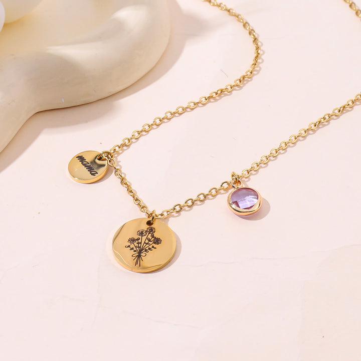 Collana in acciaio inossidabile con pietra portafortuna e fiore di nascita personalizzata Olivenorma