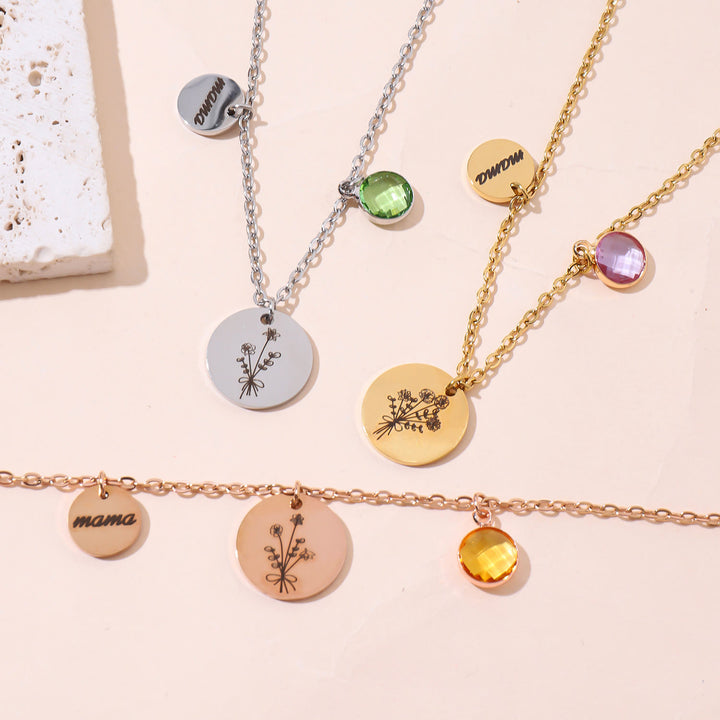 Collana in acciaio inossidabile con pietra portafortuna e fiore di nascita personalizzata Olivenorma