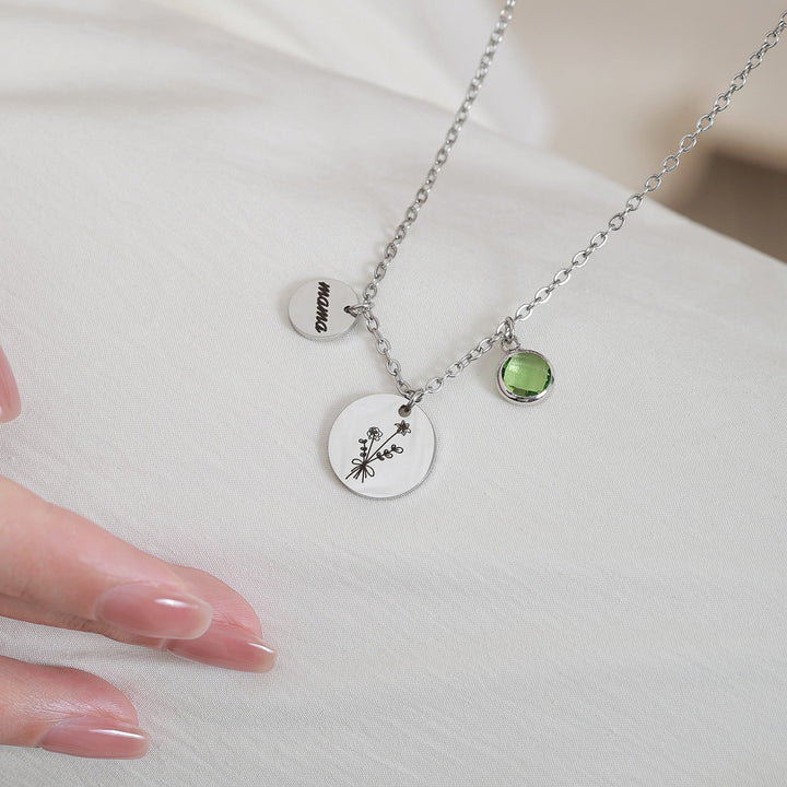 Collana in acciaio inossidabile con pietra portafortuna e fiore di nascita personalizzata Olivenorma