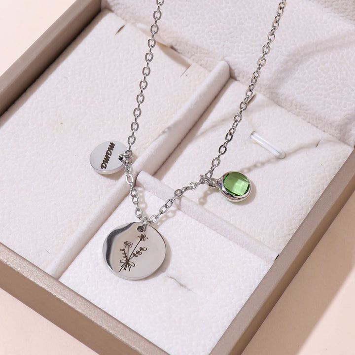 Collana in acciaio inossidabile con pietra portafortuna e fiore di nascita personalizzata Olivenorma
