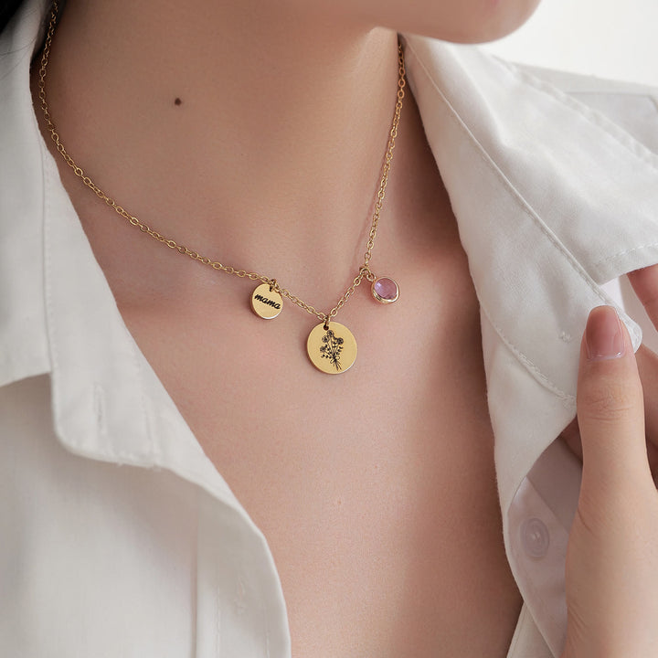 Collana in acciaio inossidabile con pietra portafortuna e fiore di nascita personalizzata Olivenorma