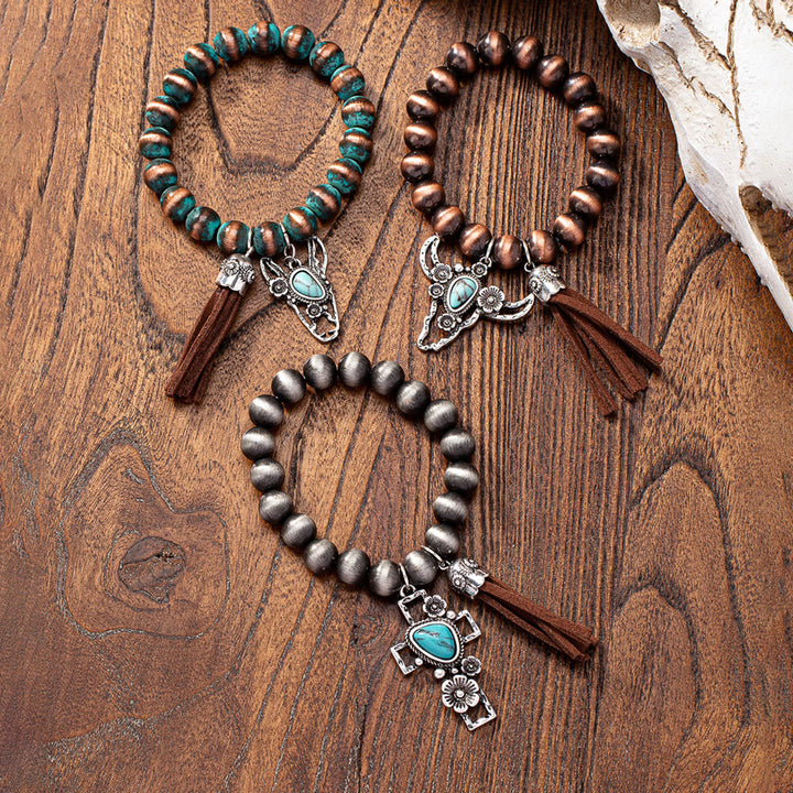 Bracciale Olivenorma in stile western retrò con perline di cristallo in metallo turchese