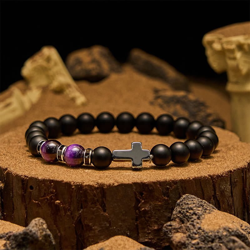 Bracciale da uomo Olivenorma in ematite e ossidiana con perline di occhio di tigre da 8 mm