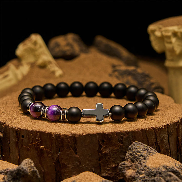 Bracciale da uomo Olivenorma in ematite e ossidiana con perline di occhio di tigre da 8 mm