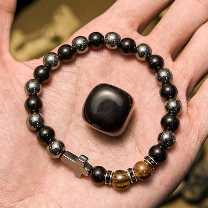 Bracciale da uomo Olivenorma in ematite e ossidiana con perline di occhio di tigre da 8 mm