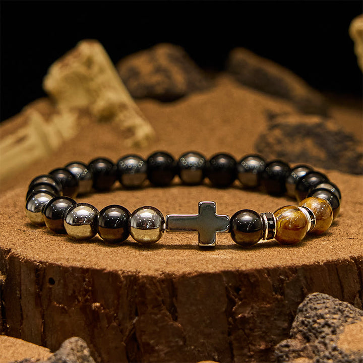 Bracciale da uomo Olivenorma in ematite e ossidiana con perline di occhio di tigre da 8 mm