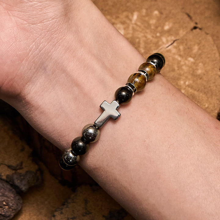 Bracciale da uomo Olivenorma in ematite e ossidiana con perline di occhio di tigre da 8 mm