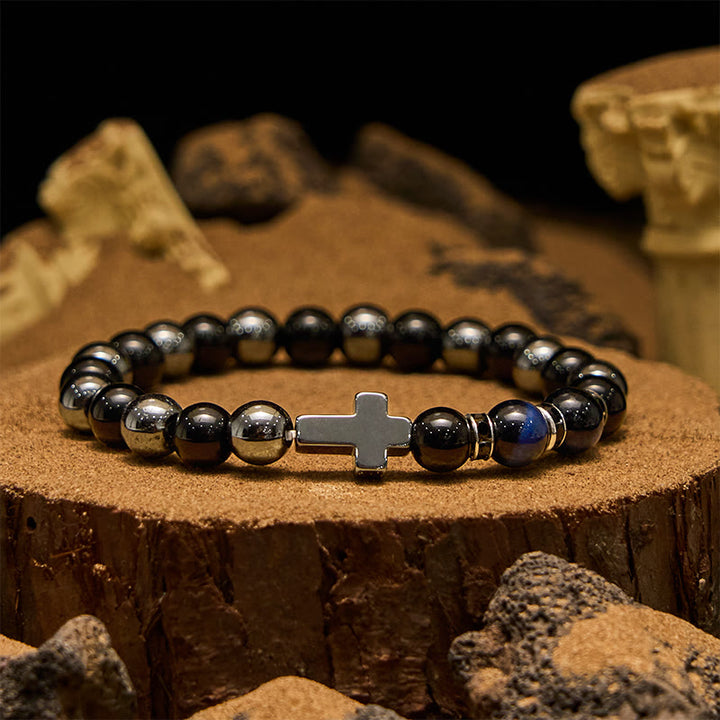 Bracciale da uomo Olivenorma in ematite e ossidiana con perline di occhio di tigre da 8 mm
