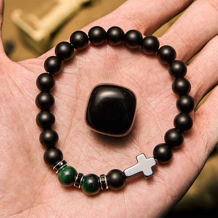 Bracciale da uomo Olivenorma in ematite e ossidiana con perline di occhio di tigre da 8 mm