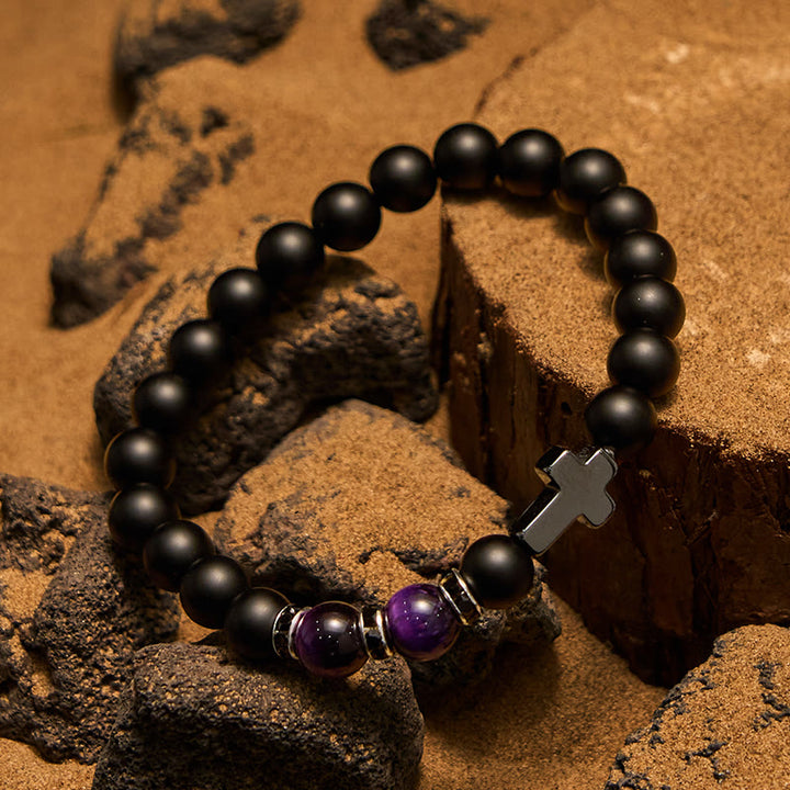 Bracciale da uomo Olivenorma in ematite e ossidiana con perline di occhio di tigre da 8 mm