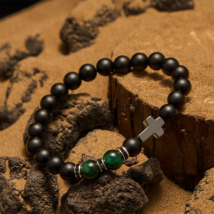 Bracciale da uomo Olivenorma in ematite e ossidiana con perline di occhio di tigre da 8 mm
