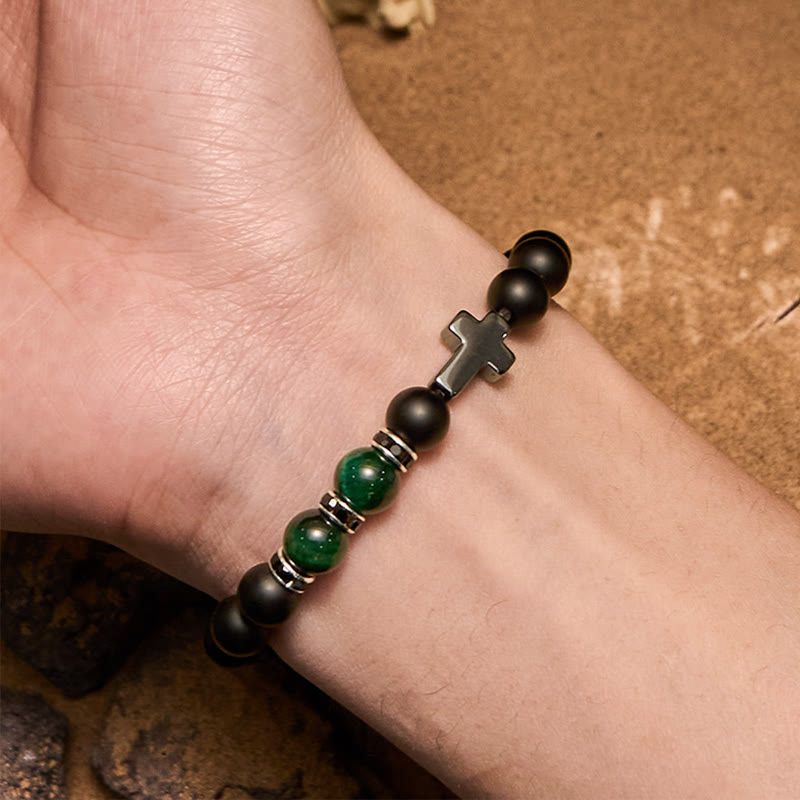 Bracciale da uomo Olivenorma in ematite e ossidiana con perline di occhio di tigre da 8 mm