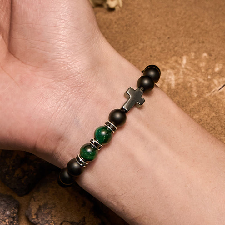 Bracciale da uomo Olivenorma in ematite e ossidiana con perline di occhio di tigre da 8 mm