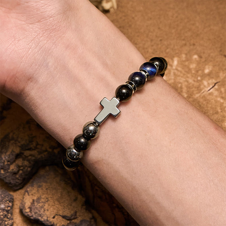 Bracciale da uomo Olivenorma in ematite e ossidiana con perline di occhio di tigre da 8 mm
