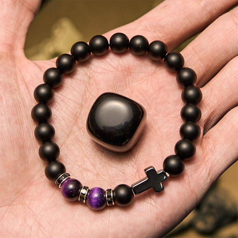 Bracciale da uomo Olivenorma in ematite e ossidiana con perline di occhio di tigre da 8 mm