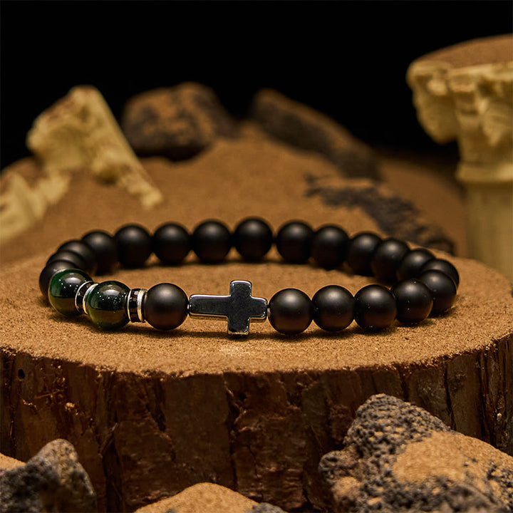 Bracciale da uomo Olivenorma in ematite e ossidiana con perline di occhio di tigre da 8 mm