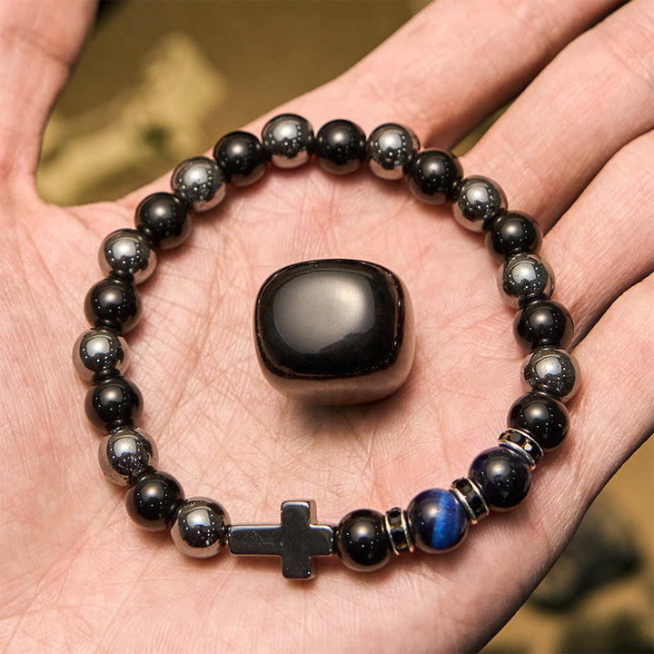 Bracciale da uomo Olivenorma in ematite e ossidiana con perline di occhio di tigre da 8 mm