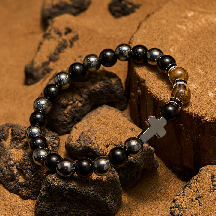Bracciale da uomo Olivenorma in ematite e ossidiana con perline di occhio di tigre da 8 mm