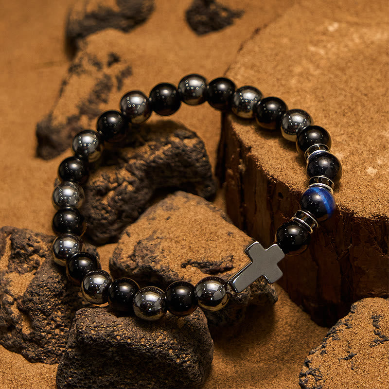 Bracciale da uomo Olivenorma in ematite e ossidiana con perline di occhio di tigre da 8 mm