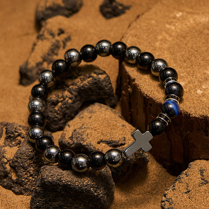 Bracciale da uomo Olivenorma in ematite e ossidiana con perline di occhio di tigre da 8 mm