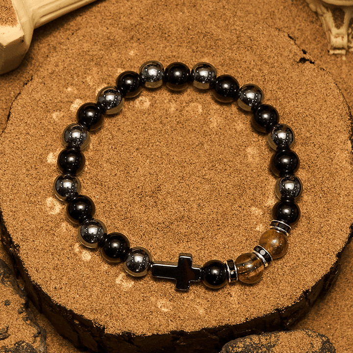 Bracciale da uomo Olivenorma in ematite e ossidiana con perline di occhio di tigre da 8 mm