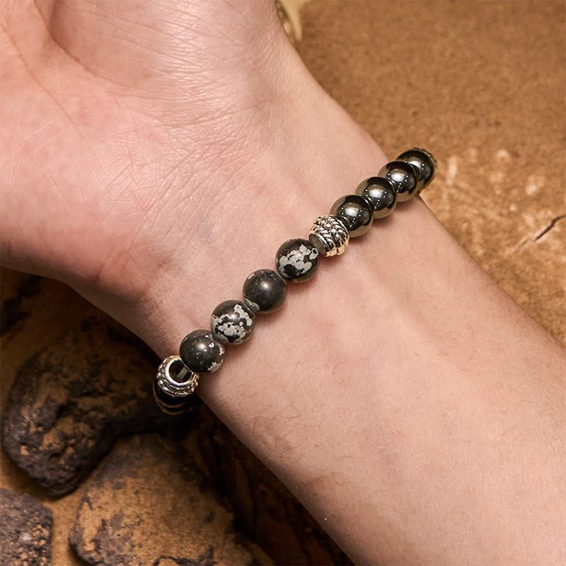 Bracciale da uomo Olivenorma con perline di ematite e ossidiana a fiocco di neve