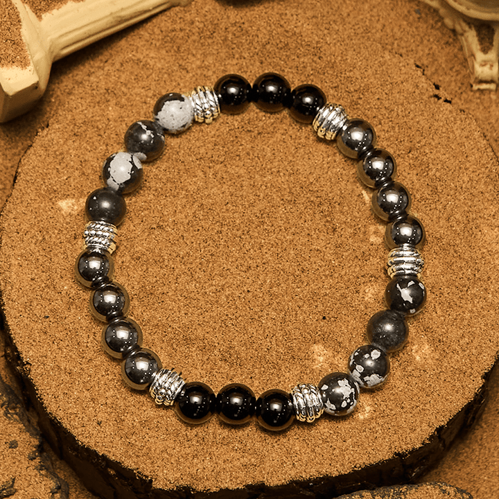 Bracciale da uomo Olivenorma con perline di ematite e ossidiana a fiocco di neve