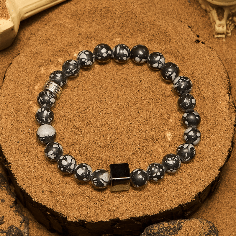 Bracciale Olivenorma con perline di ematite a taglio quadrato in ossidiana fiocco di neve