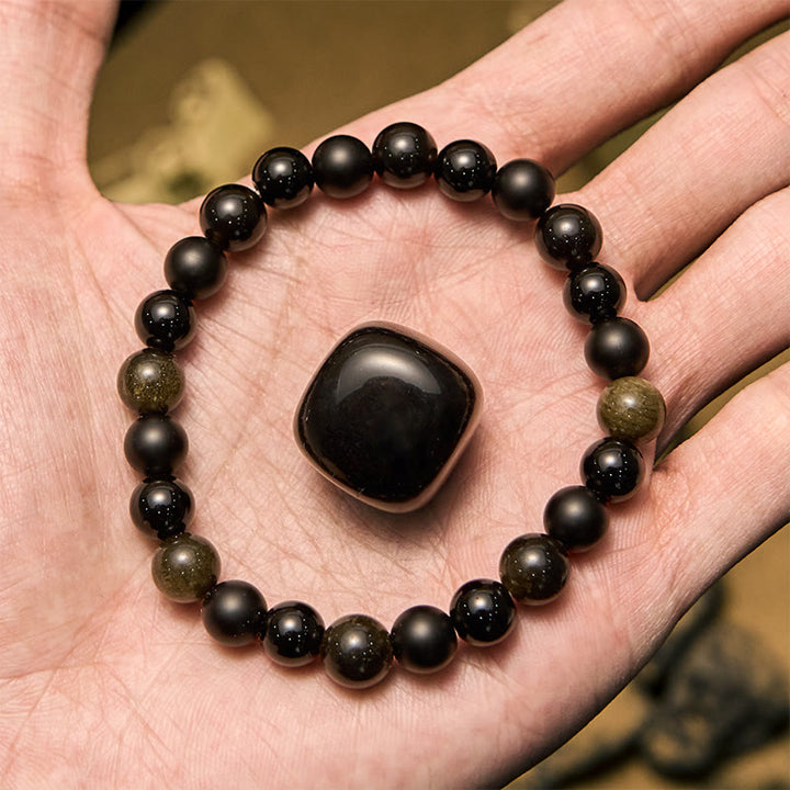 Bracciale da uomo Olivenorma con perline in onice nero e ossidiana dorata