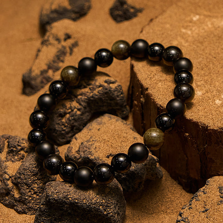Bracciale da uomo Olivenorma con perline in onice nero e ossidiana dorata