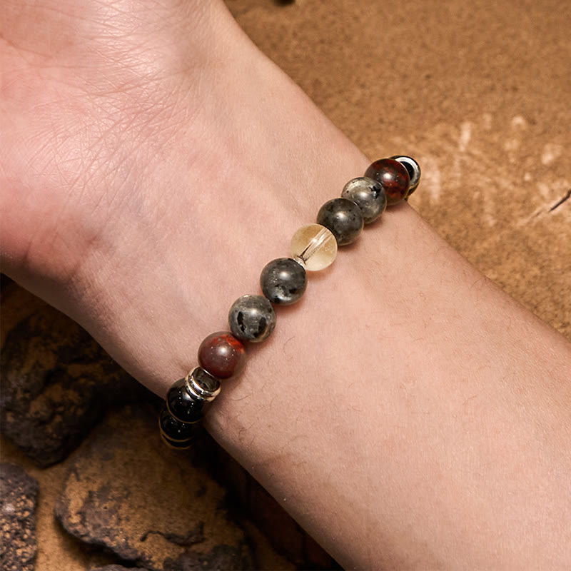 Bracciale da uomo Olivenorma in mogano, ossidiana e labradorite