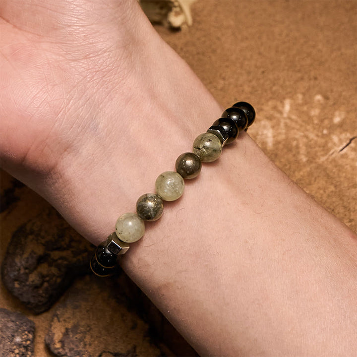 Bracciale Olivenorma con perline di labradorite, ossidiana e quarzo fumé