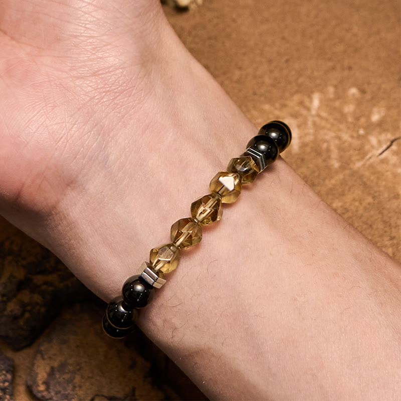 Bracciale Olivenorma con perline di labradorite, ossidiana e quarzo fumé
