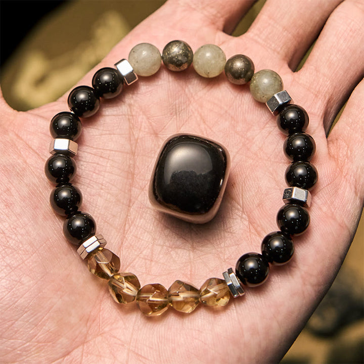 Bracciale Olivenorma con perline di labradorite, ossidiana e quarzo fumé