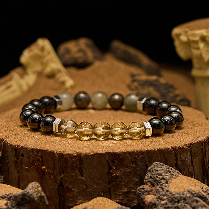Bracciale Olivenorma con perline di labradorite, ossidiana e quarzo fumé