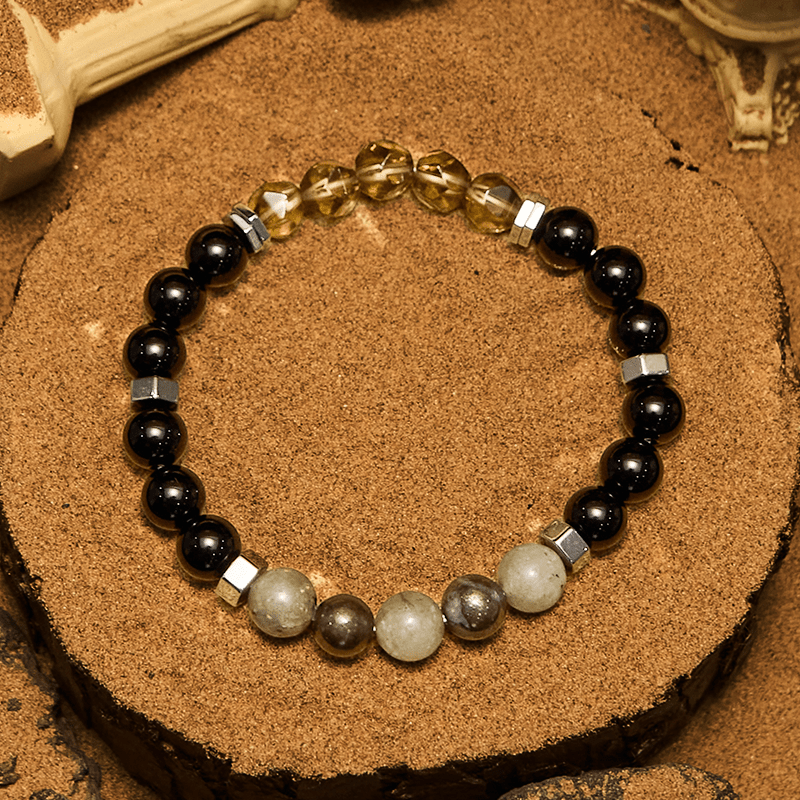Bracciale Olivenorma con perline di labradorite, ossidiana e quarzo fumé