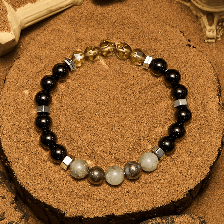 Bracciale Olivenorma con perline di labradorite, ossidiana e quarzo fumé
