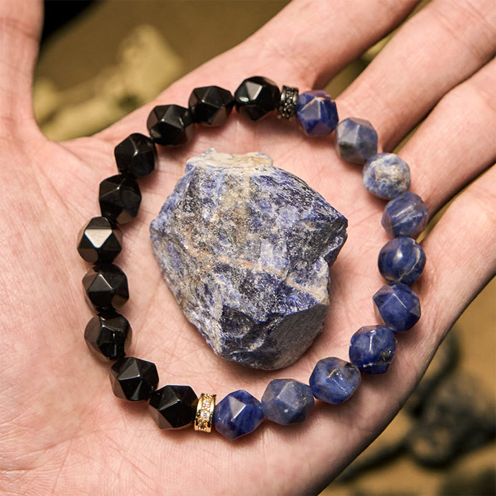 Bracciale Olivenorma in perle di sodalite e ossidiana naturale sfaccettata