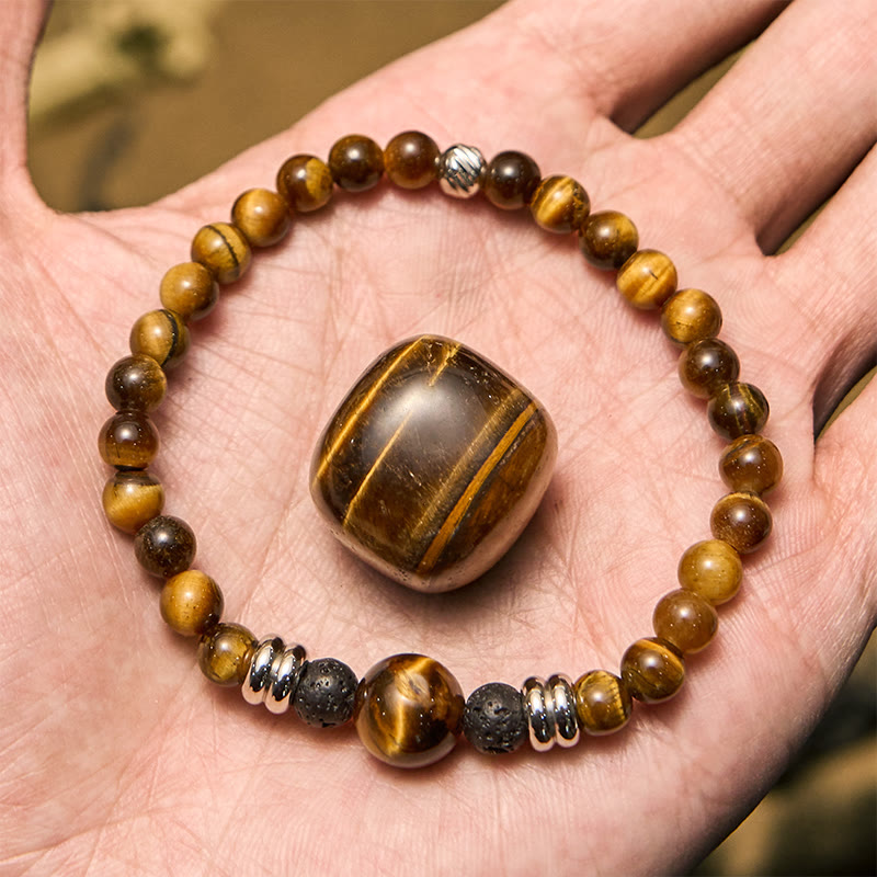 Bracciale con perline in pietra lavica naturale e occhio di tigre Olivenorma