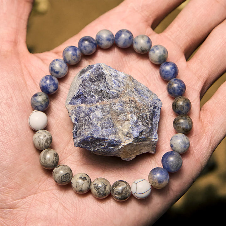 Bracciale con perline in sodalite blu naturale e diaspro grigio Olivenorma