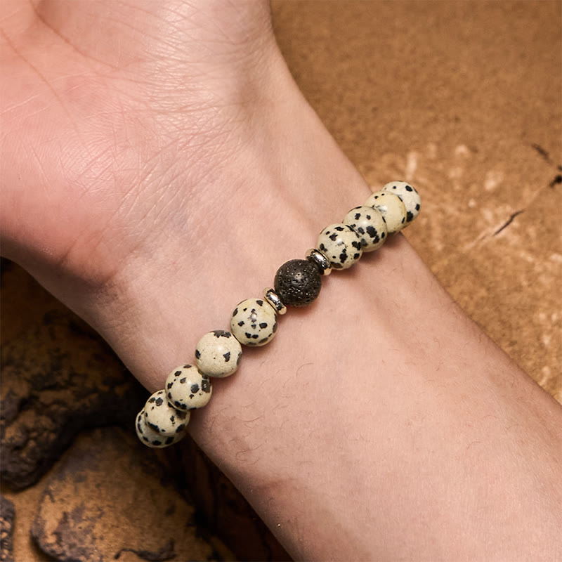 Bracciale con perline in pietra lavica diaspro dalmata naturale Olivenorma