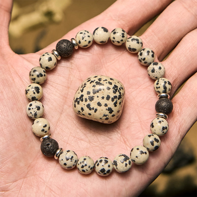 Bracciale con perline in pietra lavica diaspro dalmata naturale Olivenorma