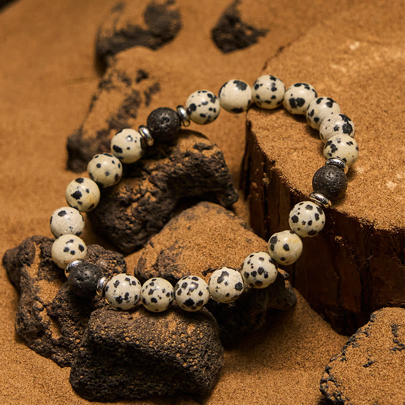 Bracciale con perline in pietra lavica diaspro dalmata naturale Olivenorma