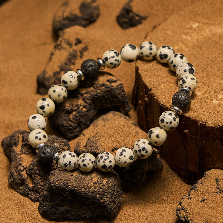 Bracciale con perline in pietra lavica diaspro dalmata naturale Olivenorma
