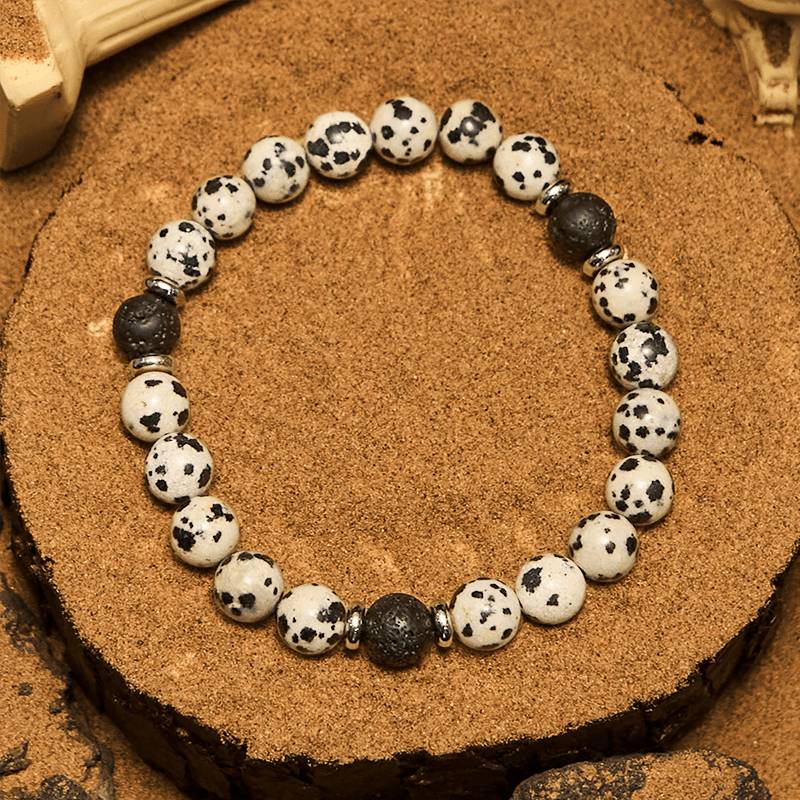 Bracciale con perline in pietra lavica diaspro dalmata naturale Olivenorma