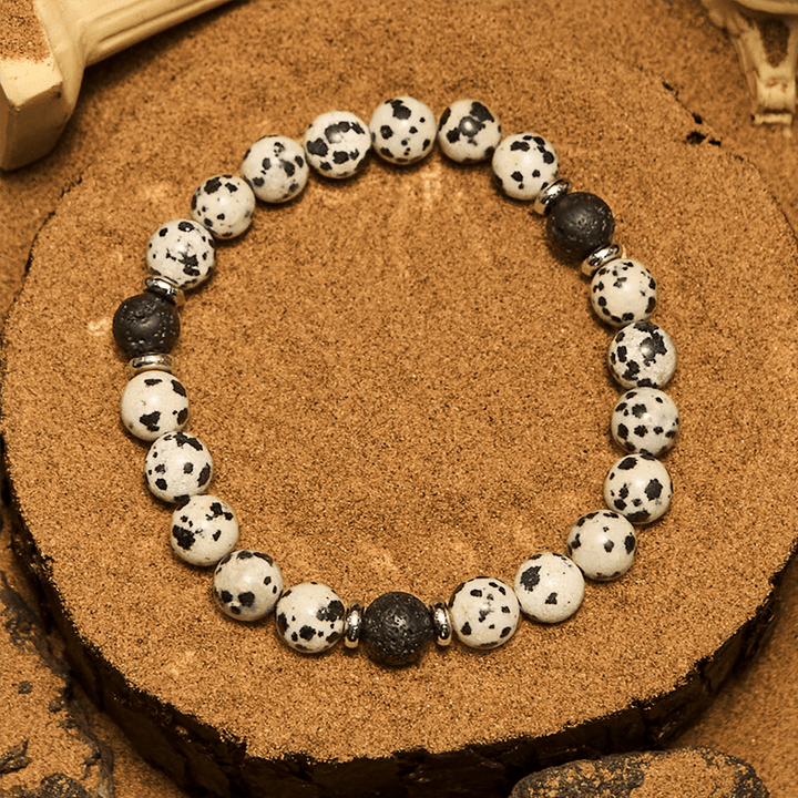 Bracciale con perline in pietra lavica diaspro dalmata naturale Olivenorma