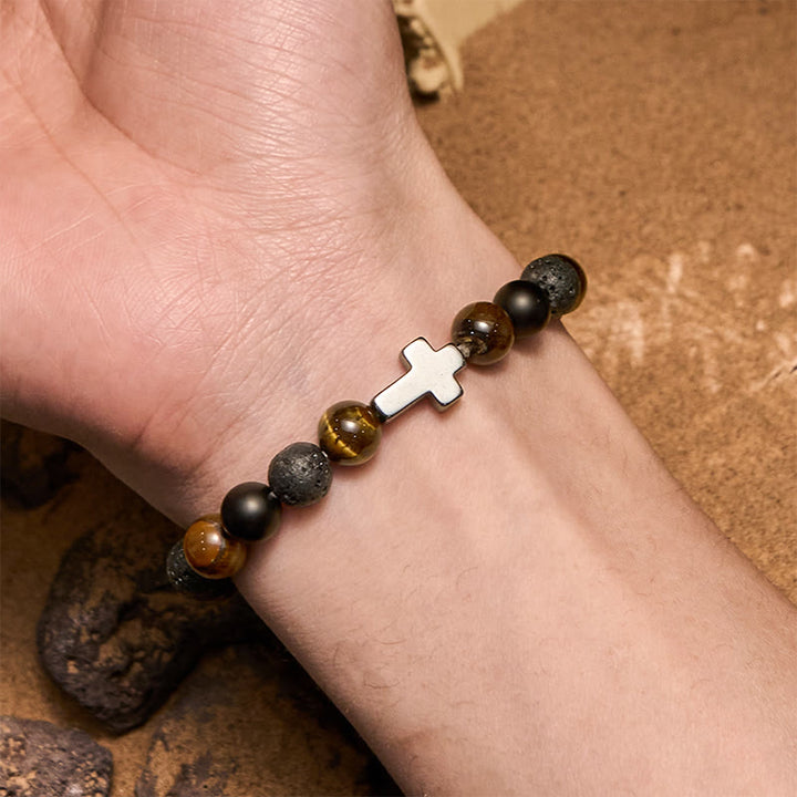 Bracciale con croce in perline di pietra lavica e occhio di tigre Olivenorma