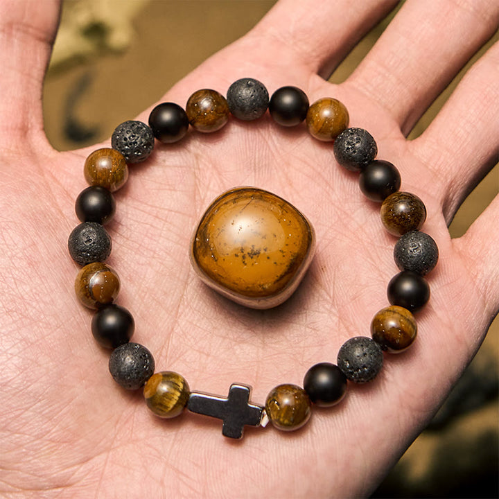 Bracciale con croce in perline di pietra lavica e occhio di tigre Olivenorma