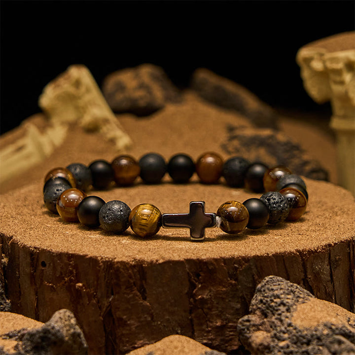 Bracciale con croce in perline di pietra lavica e occhio di tigre Olivenorma